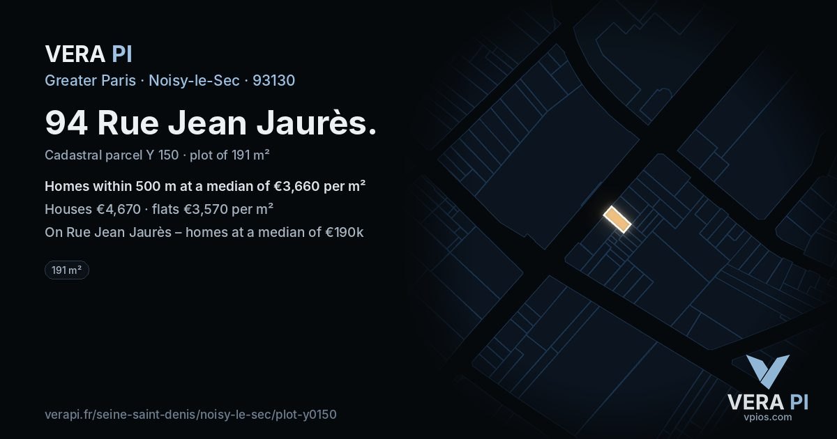 94 Rue Jean Jaurès, Noisy-le-Sec at night – the plot lit, the parcels around coloured by the prices near them