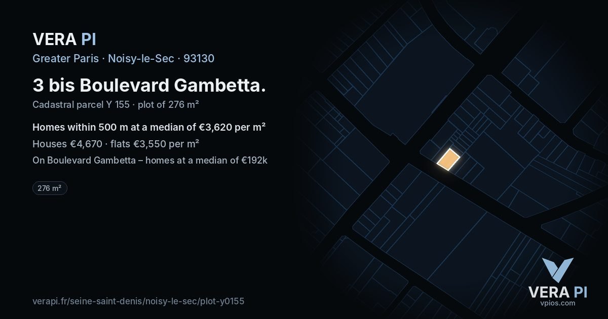 3 bis Boulevard Gambetta, Noisy-le-Sec at night – the plot lit, the parcels around coloured by the prices near them