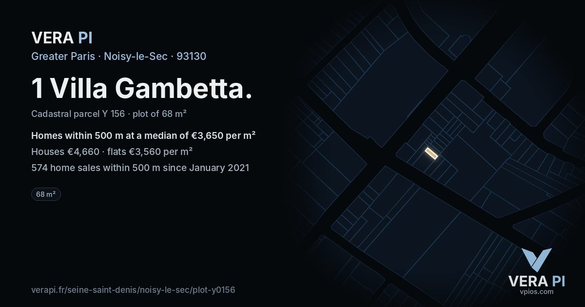 1 Villa Gambetta, Noisy-le-Sec at night – the plot lit, the parcels around coloured by the prices near them