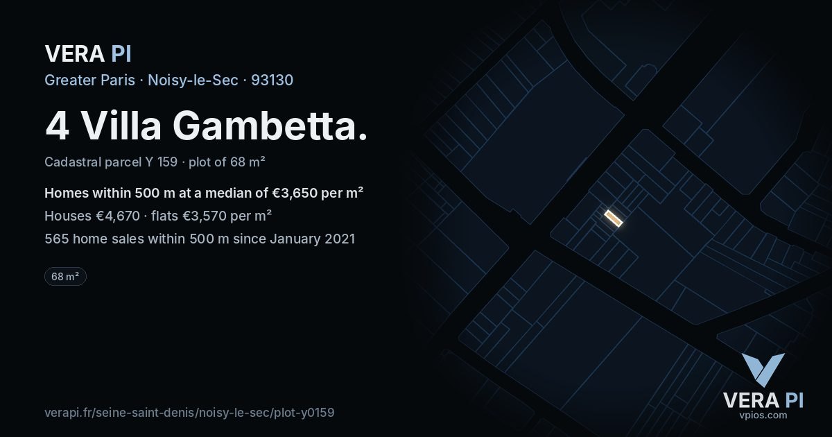 4 Villa Gambetta, Noisy-le-Sec at night – the plot lit, the parcels around coloured by the prices near them