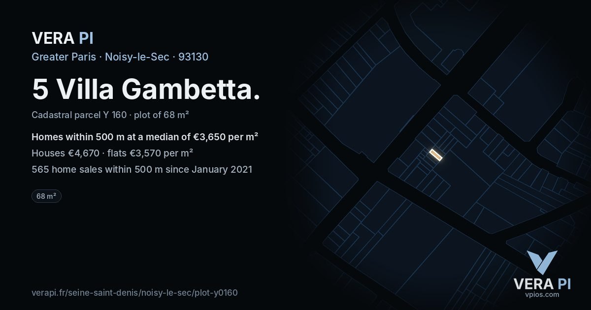 5 Villa Gambetta, Noisy-le-Sec at night – the plot lit, the parcels around coloured by the prices near them