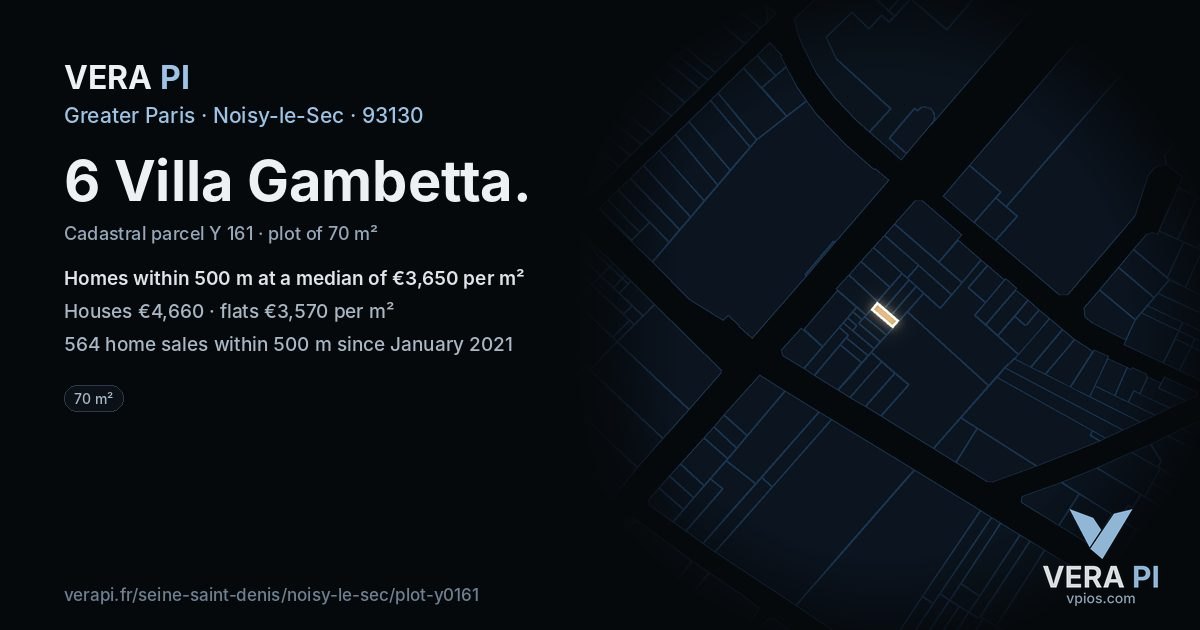 6 Villa Gambetta, Noisy-le-Sec at night – the plot lit, the parcels around coloured by the prices near them