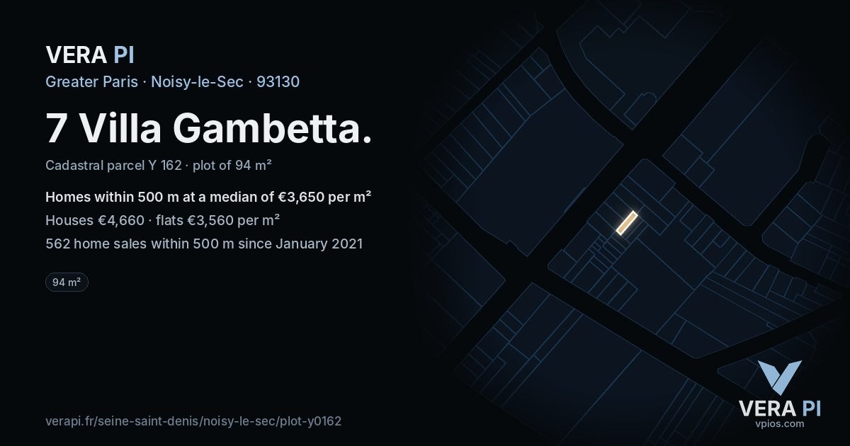 7 Villa Gambetta, Noisy-le-Sec at night – the plot lit, the parcels around coloured by the prices near them
