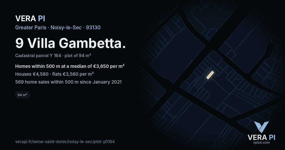 9 Villa Gambetta, Noisy-le-Sec at night – the plot lit, the parcels around coloured by the prices near them