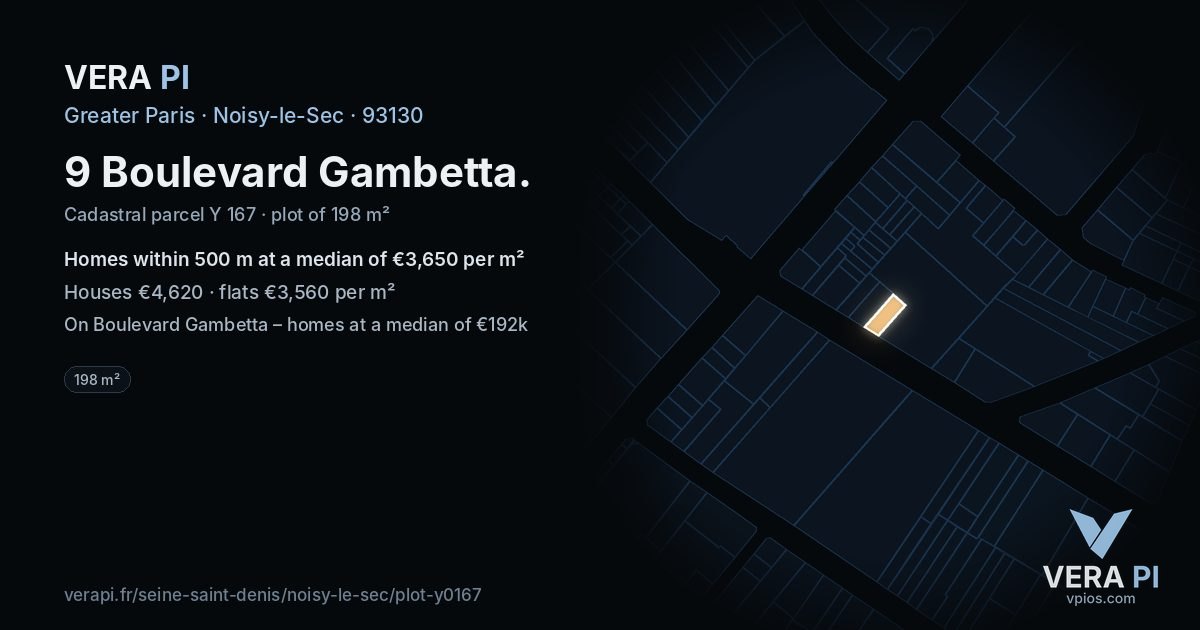 9 Boulevard Gambetta, Noisy-le-Sec at night – the plot lit, the parcels around coloured by the prices near them