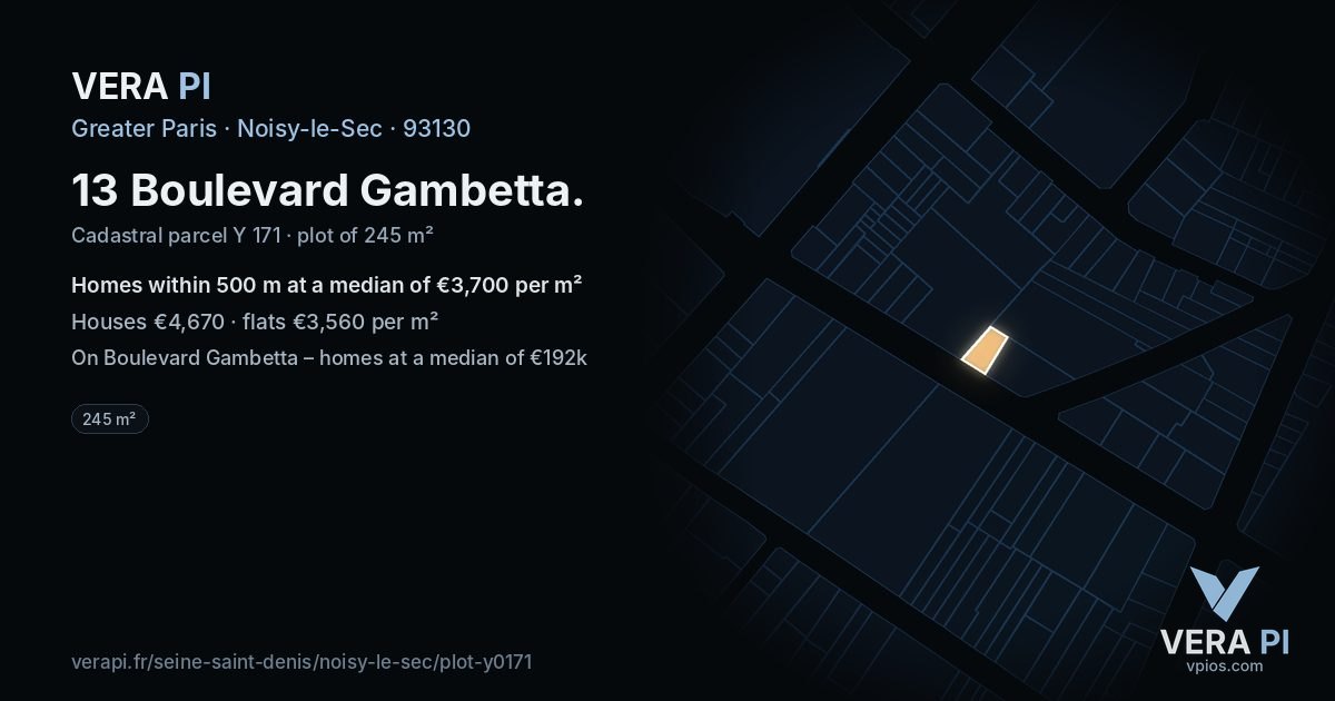 13 Boulevard Gambetta, Noisy-le-Sec at night – the plot lit, the parcels around coloured by the prices near them