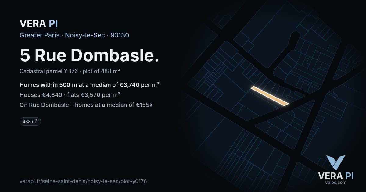 5 Rue Dombasle, Noisy-le-Sec at night – the plot lit, the parcels around coloured by the prices near them