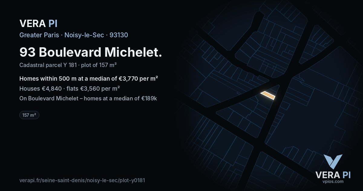 93 Boulevard Michelet, Noisy-le-Sec at night – the plot lit, the parcels around coloured by the prices near them