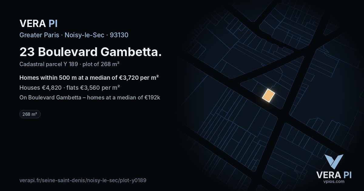 23 Boulevard Gambetta, Noisy-le-Sec at night – the plot lit, the parcels around coloured by the prices near them