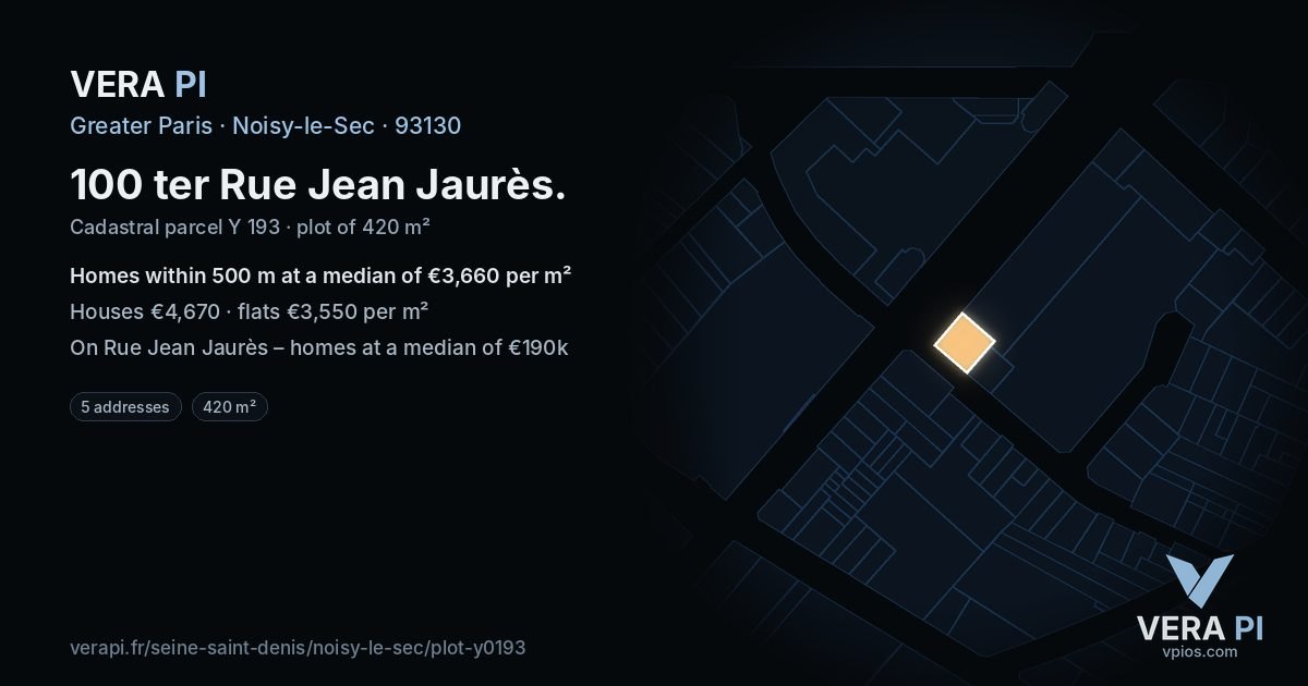 100 ter Rue Jean Jaurès, Noisy-le-Sec at night – the plot lit, the parcels around coloured by the prices near them