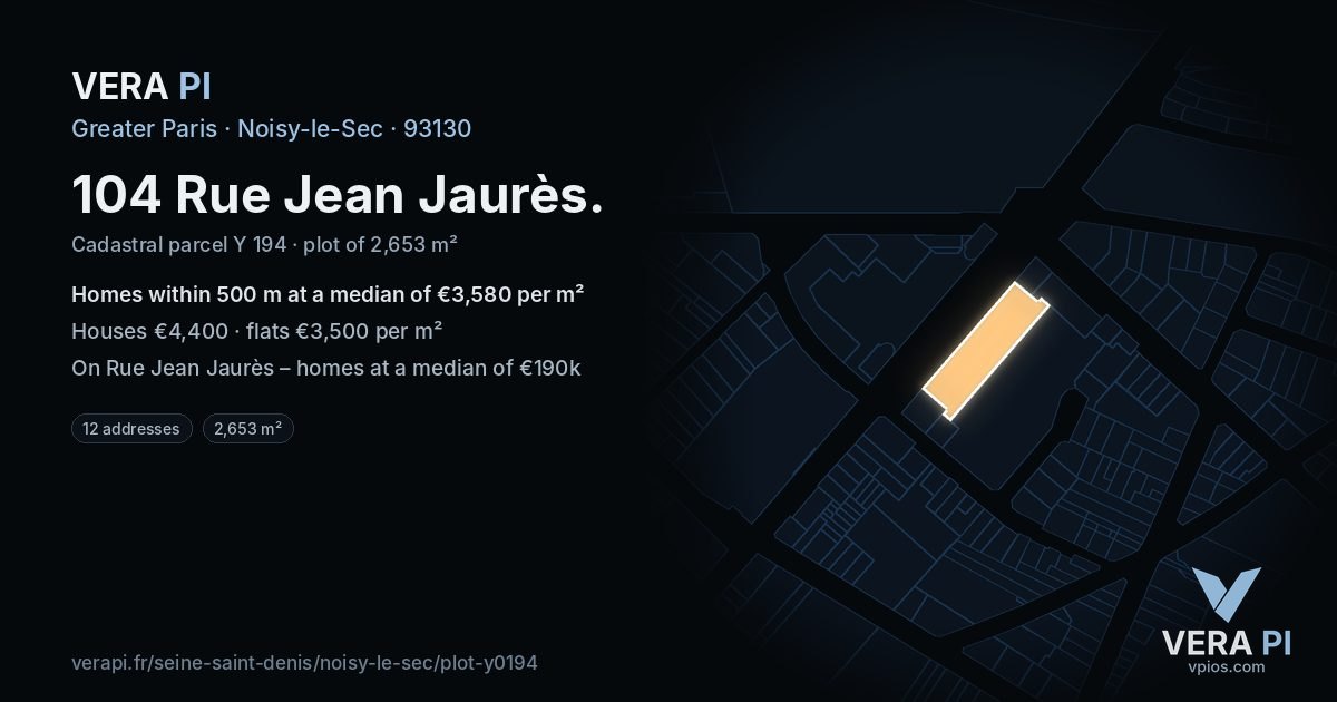 104 Rue Jean Jaurès, Noisy-le-Sec at night – the plot lit, the parcels around coloured by the prices near them