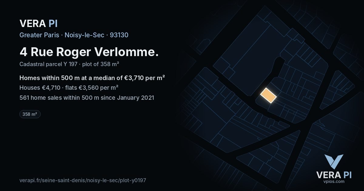 4 Rue Roger Verlomme, Noisy-le-Sec at night – the plot lit, the parcels around coloured by the prices near them
