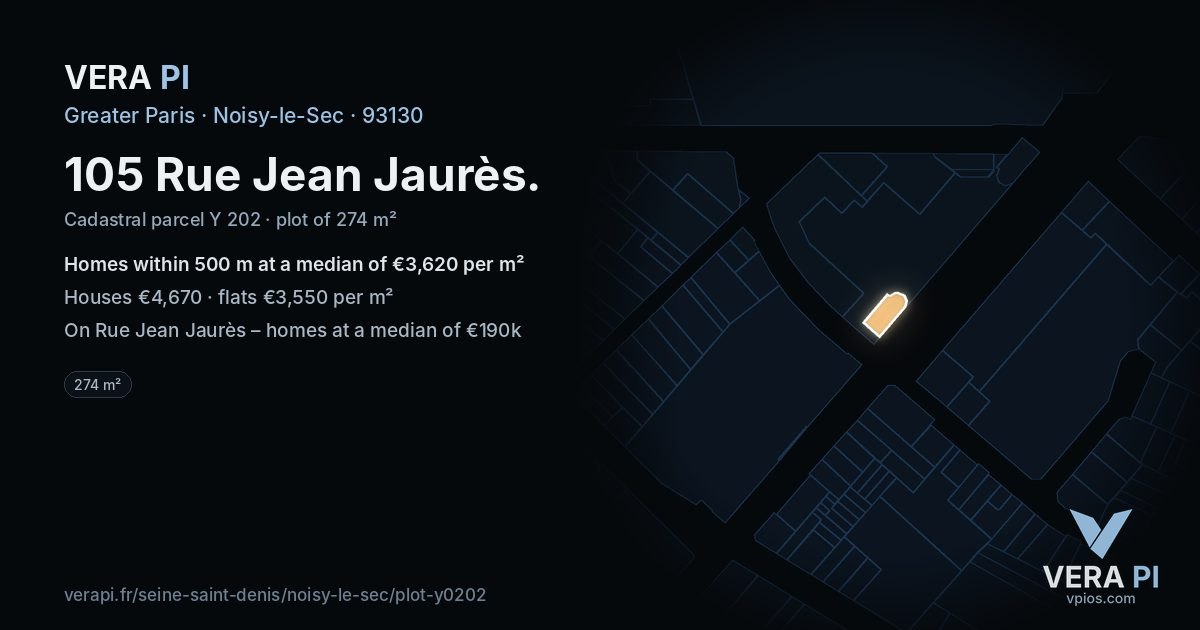105 Rue Jean Jaurès, Noisy-le-Sec at night – the plot lit, the parcels around coloured by the prices near them