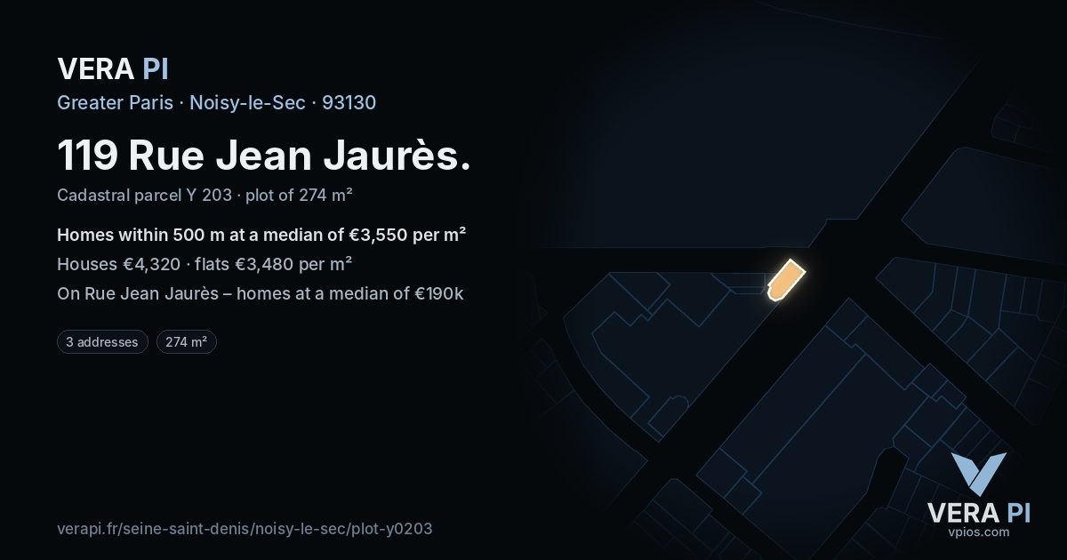 119 Rue Jean Jaurès, Noisy-le-Sec at night – the plot lit, the parcels around coloured by the prices near them