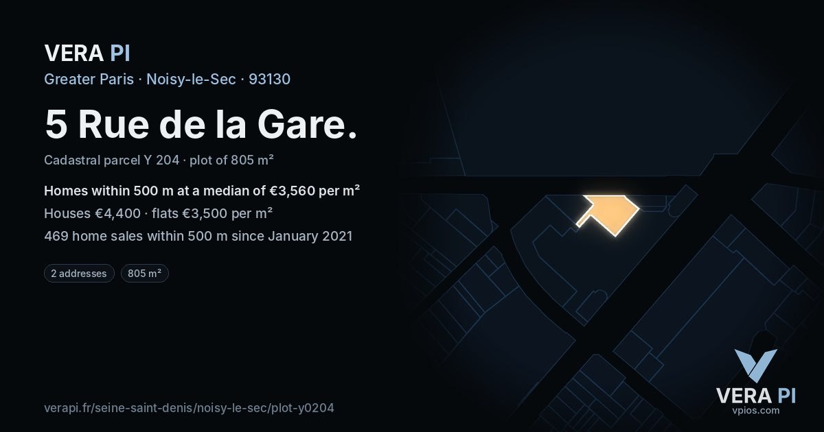 5 Rue de la Gare, Noisy-le-Sec at night – the plot lit, the parcels around coloured by the prices near them