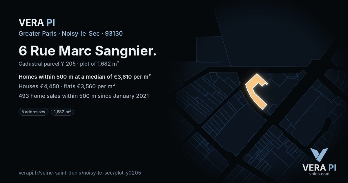 6 Rue Marc Sangnier, Noisy-le-Sec at night – the plot lit, the parcels around coloured by the prices near them