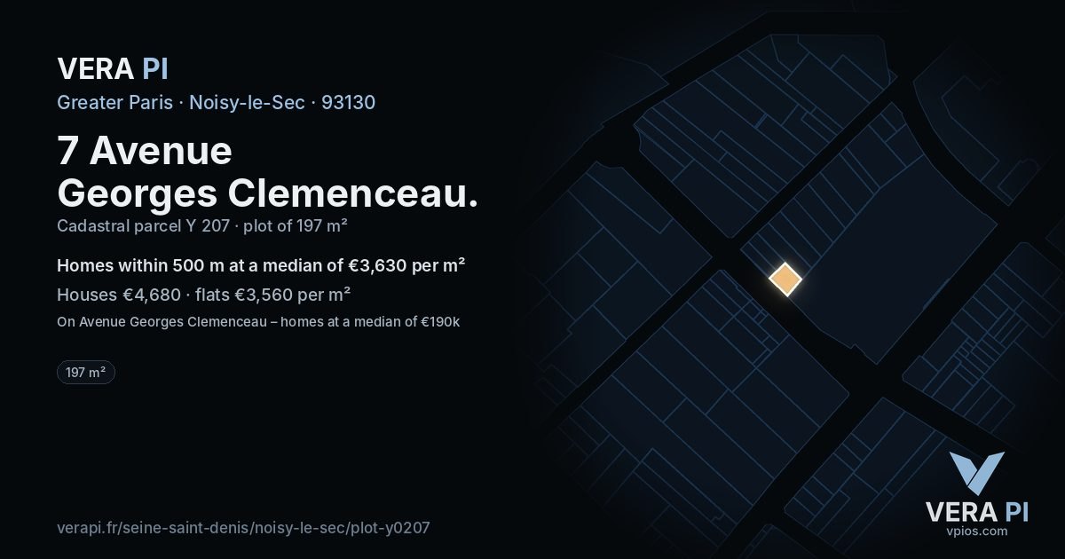 7 Avenue Georges Clemenceau, Noisy-le-Sec at night – the plot lit, the parcels around coloured by the prices near them