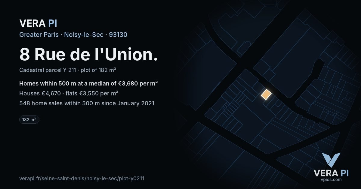 8 Rue de l'Union, Noisy-le-Sec at night – the plot lit, the parcels around coloured by the prices near them