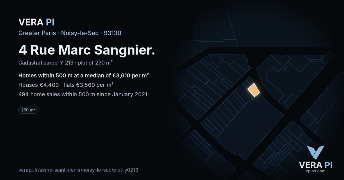 4 Rue Marc Sangnier, Noisy-le-Sec at night – the plot lit, the parcels around coloured by the prices near them