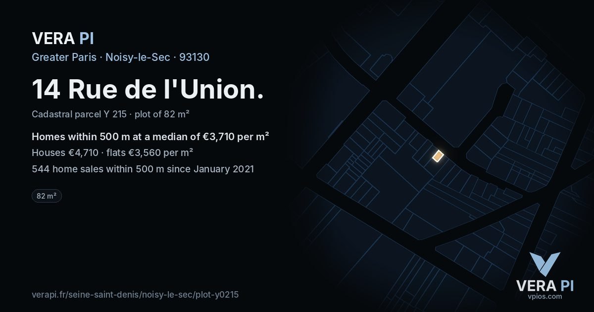14 Rue de l'Union, Noisy-le-Sec at night – the plot lit, the parcels around coloured by the prices near them
