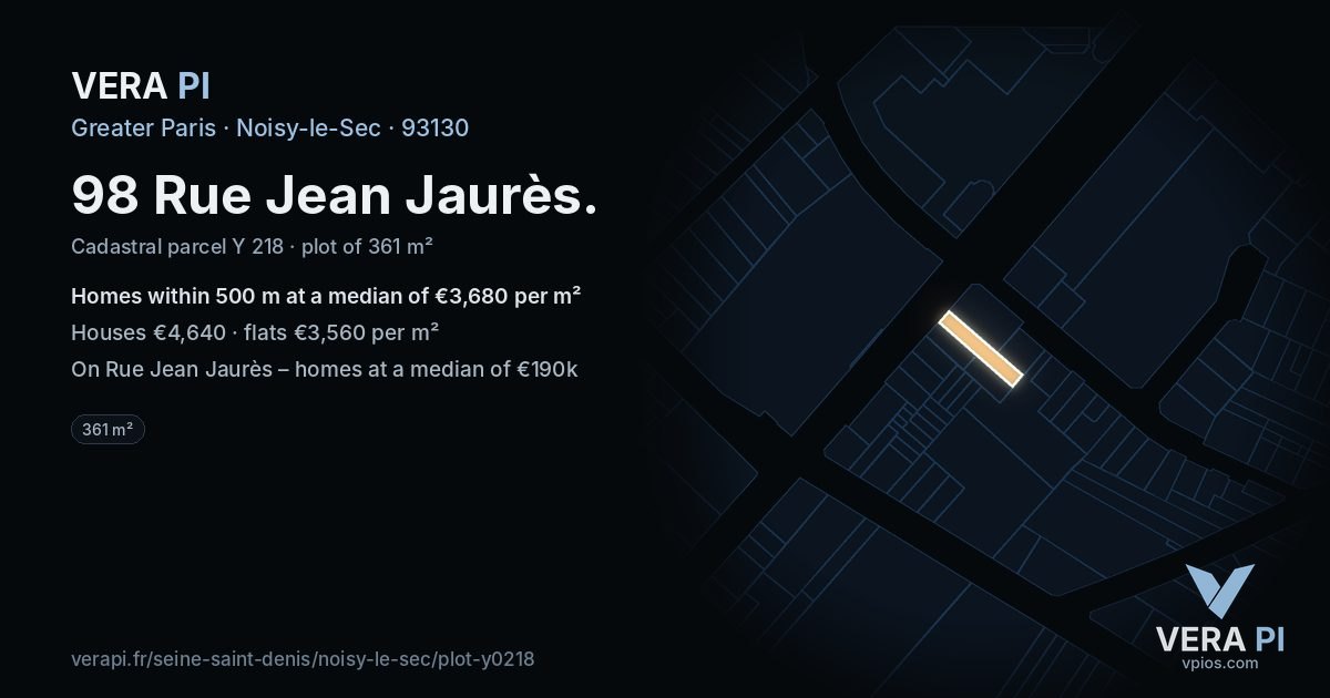 98 Rue Jean Jaurès, Noisy-le-Sec at night – the plot lit, the parcels around coloured by the prices near them