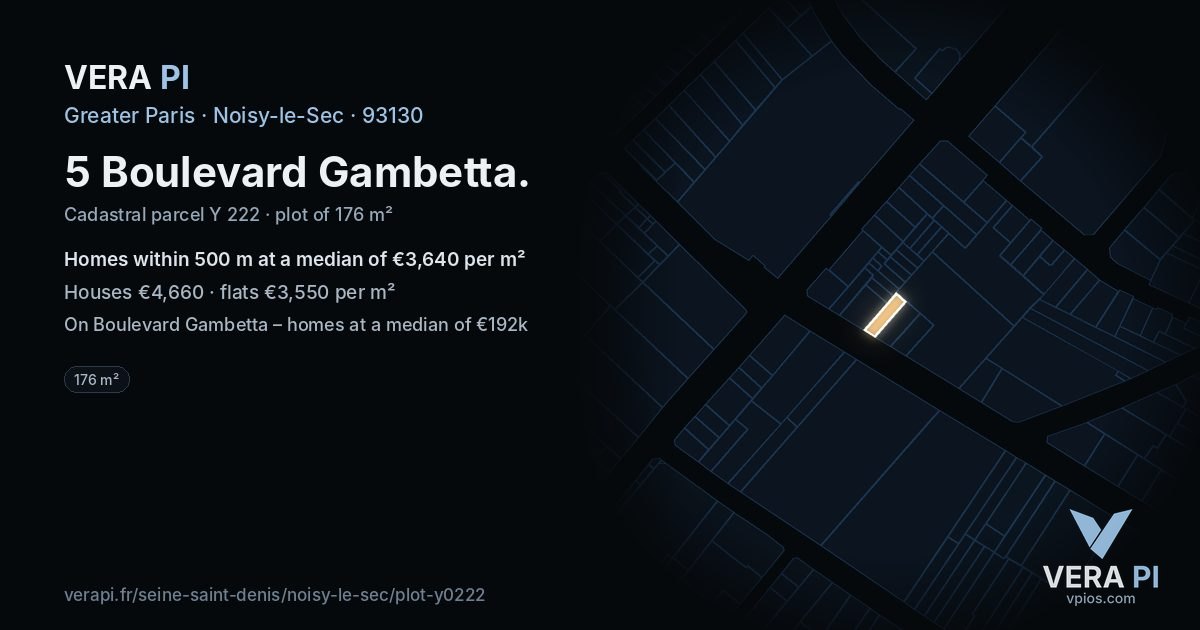 5 Boulevard Gambetta, Noisy-le-Sec at night – the plot lit, the parcels around coloured by the prices near them