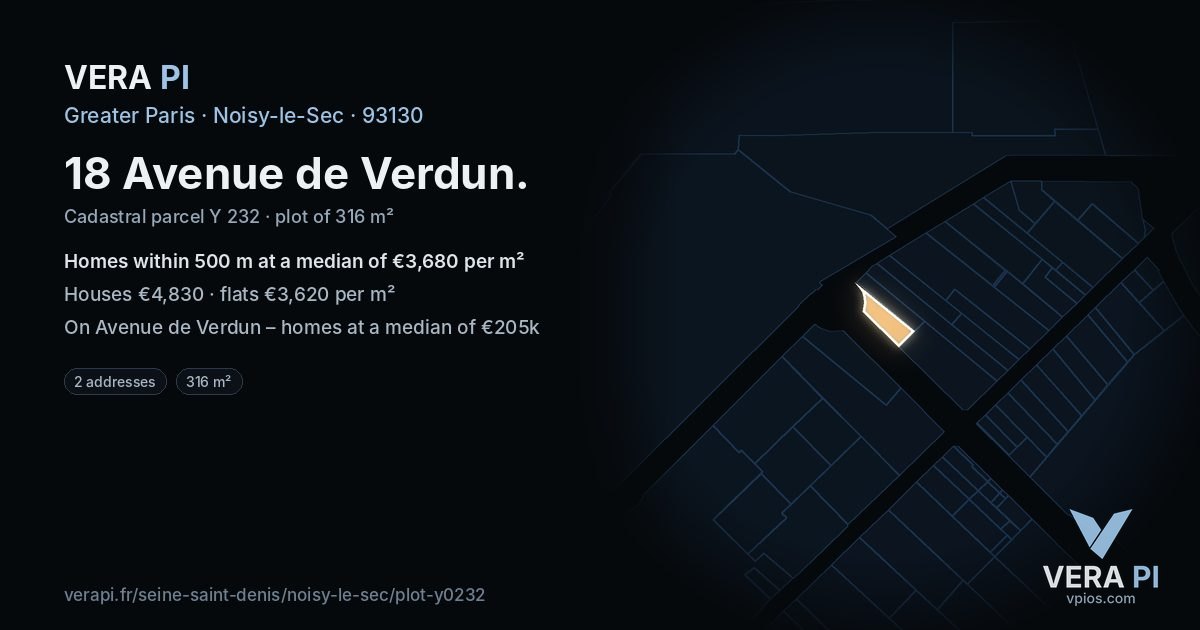 18 Avenue de Verdun, Noisy-le-Sec at night – the plot lit, the parcels around coloured by the prices near them