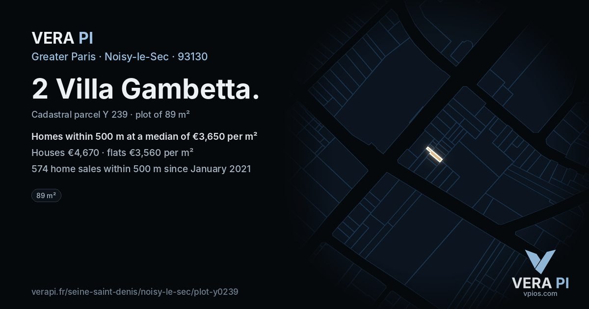 2 Villa Gambetta, Noisy-le-Sec at night – the plot lit, the parcels around coloured by the prices near them