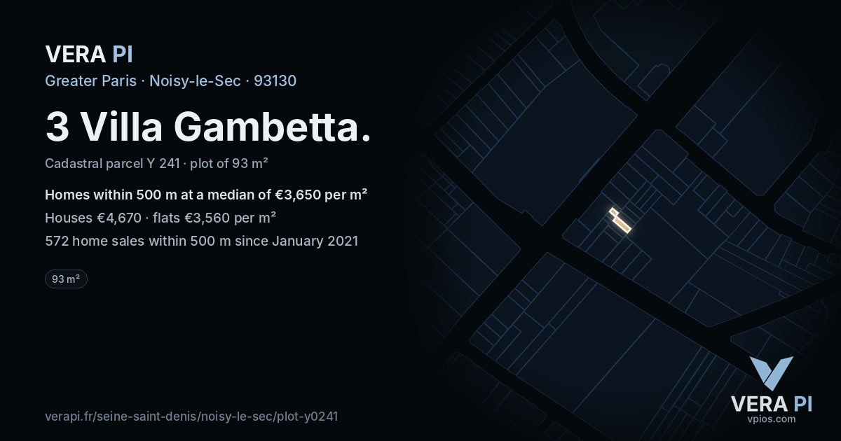 3 Villa Gambetta, Noisy-le-Sec at night – the plot lit, the parcels around coloured by the prices near them