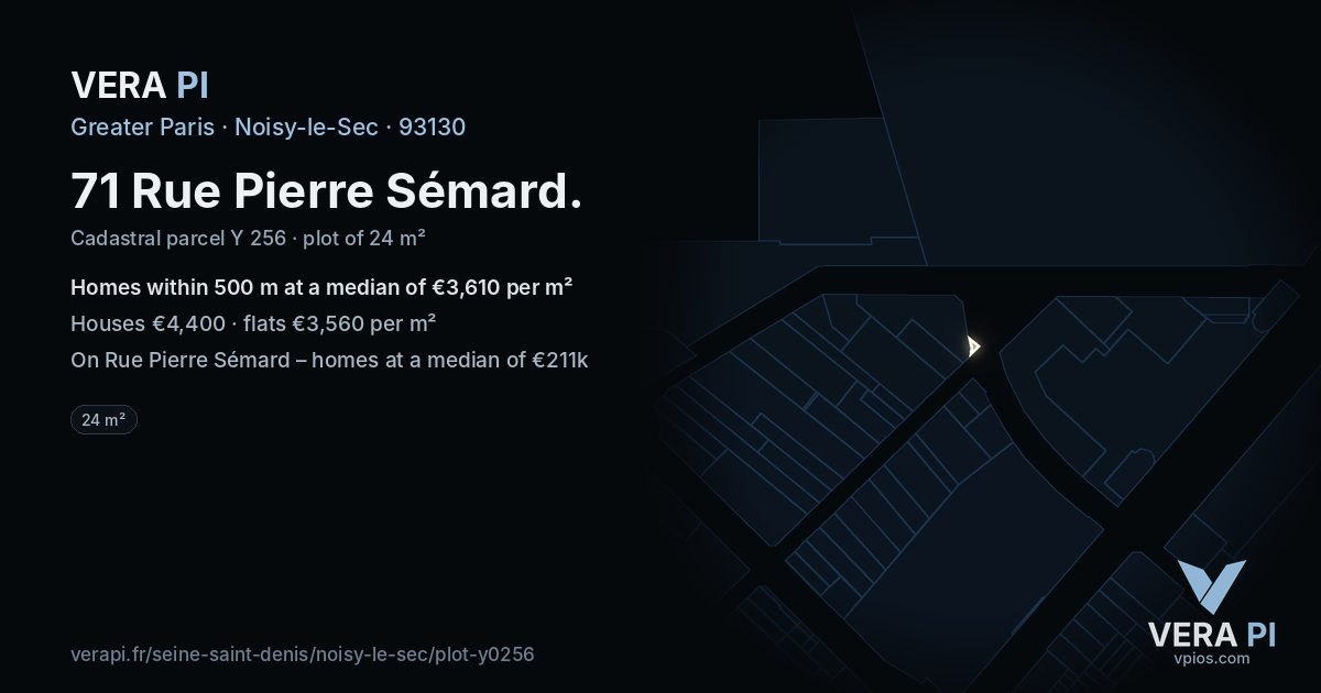 71 Rue Pierre Sémard, Noisy-le-Sec at night – the plot lit, the parcels around coloured by the prices near them