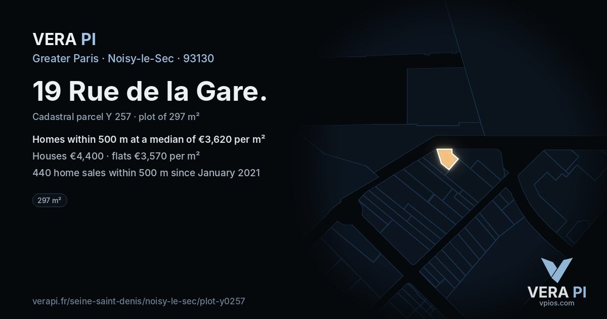 19 Rue de la Gare, Noisy-le-Sec at night – the plot lit, the parcels around coloured by the prices near them