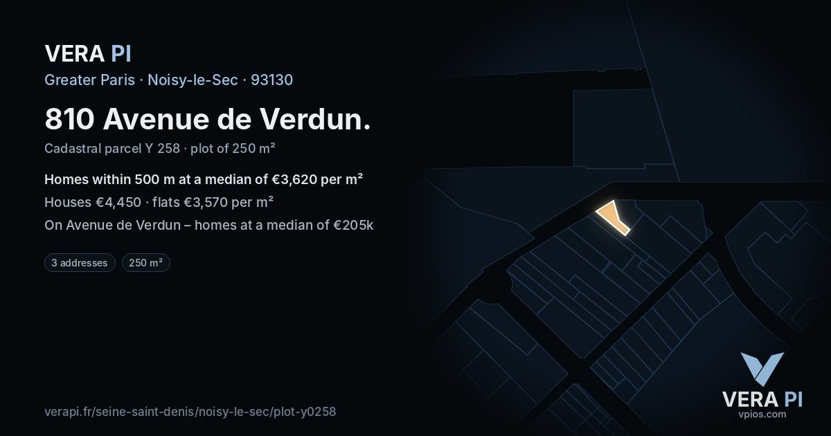 810 Avenue de Verdun, Noisy-le-Sec at night – the plot lit, the parcels around coloured by the prices near them