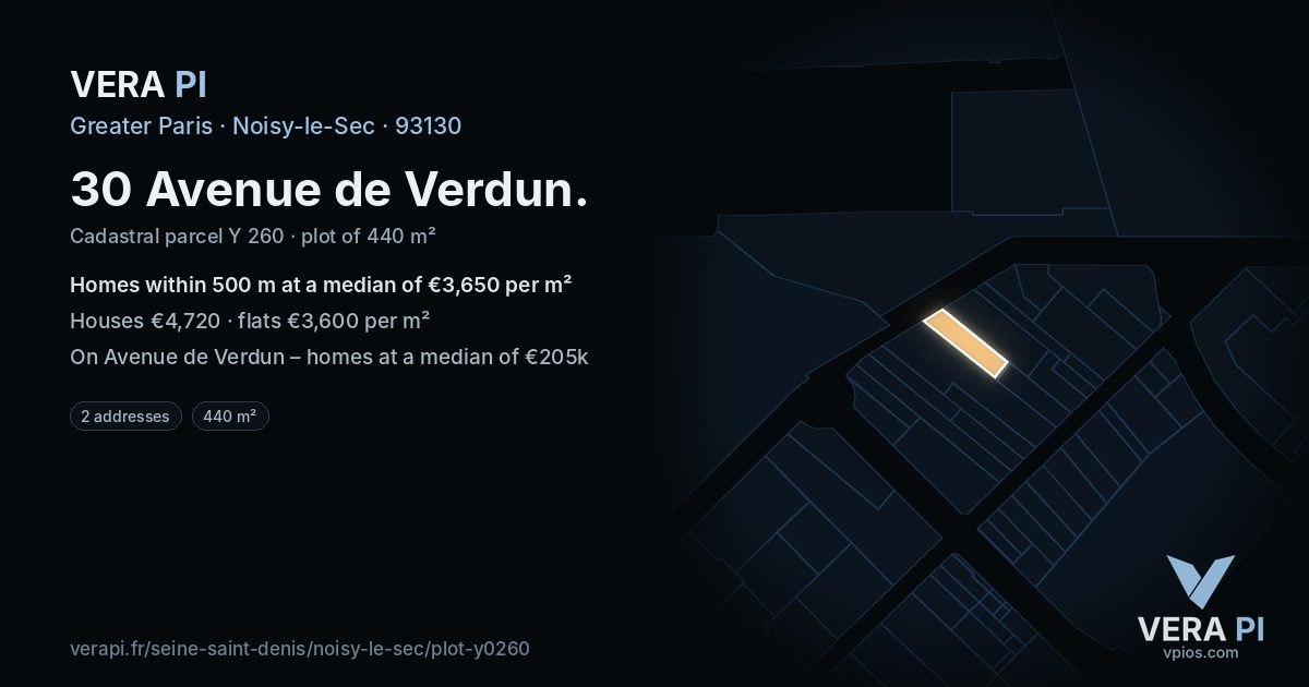 30 Avenue de Verdun, Noisy-le-Sec at night – the plot lit, the parcels around coloured by the prices near them