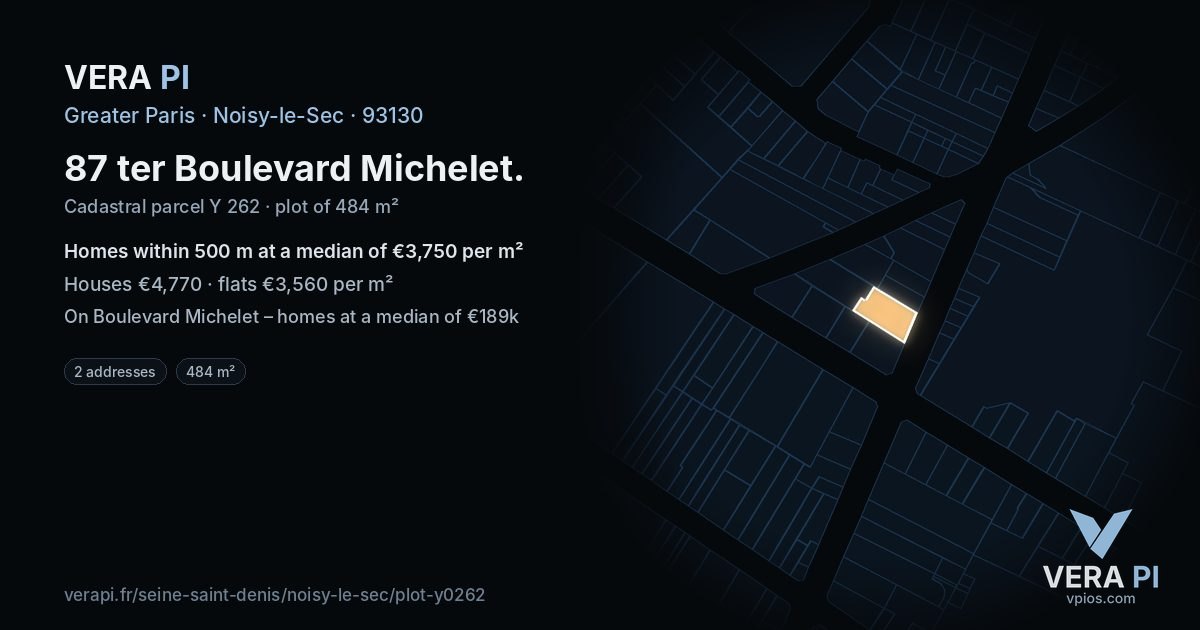87 ter Boulevard Michelet, Noisy-le-Sec at night – the plot lit, the parcels around coloured by the prices near them