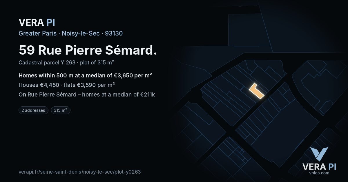59 Rue Pierre Sémard, Noisy-le-Sec at night – the plot lit, the parcels around coloured by the prices near them