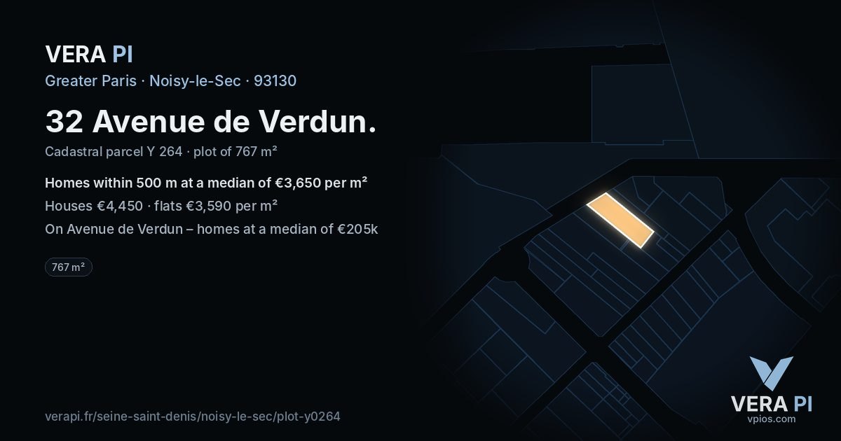 32 Avenue de Verdun, Noisy-le-Sec at night – the plot lit, the parcels around coloured by the prices near them