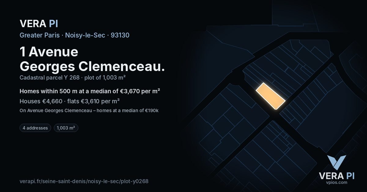 1 Avenue Georges Clemenceau, Noisy-le-Sec at night – the plot lit, the parcels around coloured by the prices near them