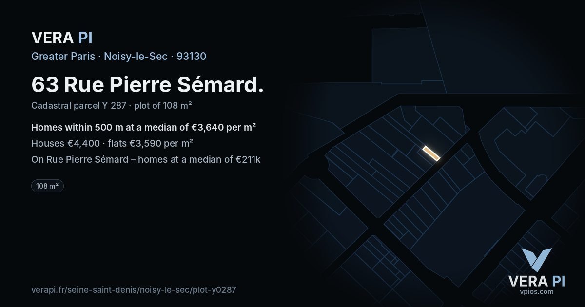 63 Rue Pierre Sémard, Noisy-le-Sec at night – the plot lit, the parcels around coloured by the prices near them