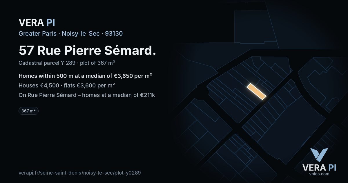 57 Rue Pierre Sémard, Noisy-le-Sec at night – the plot lit, the parcels around coloured by the prices near them