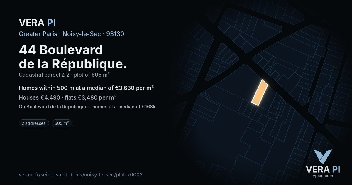 44 Boulevard de la République, Noisy-le-Sec at night – the plot lit, the parcels around coloured by the prices near them