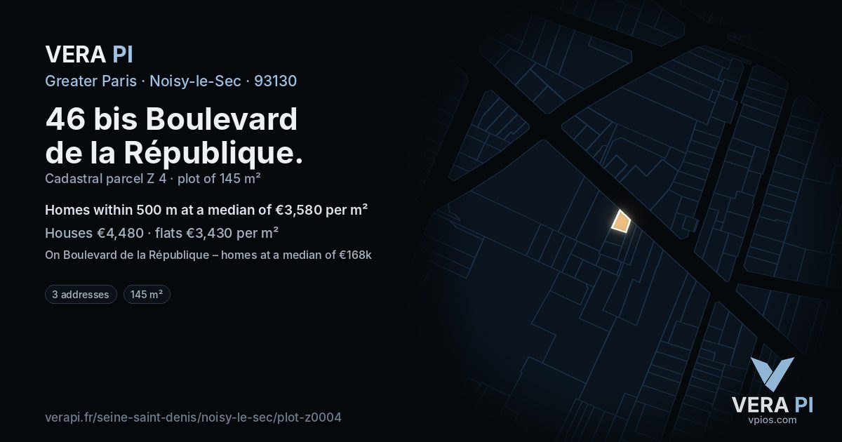 46 bis Boulevard de la République, Noisy-le-Sec at night – the plot lit, the parcels around coloured by the prices near them