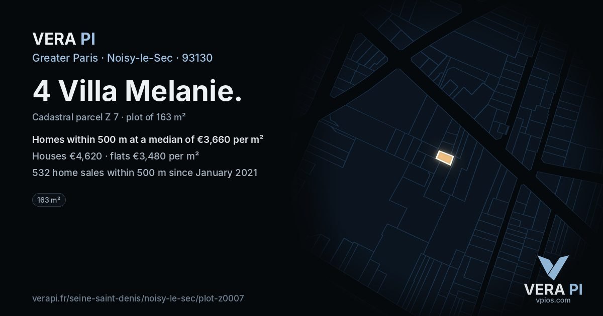 4 Villa Melanie, Noisy-le-Sec at night – the plot lit, the parcels around coloured by the prices near them