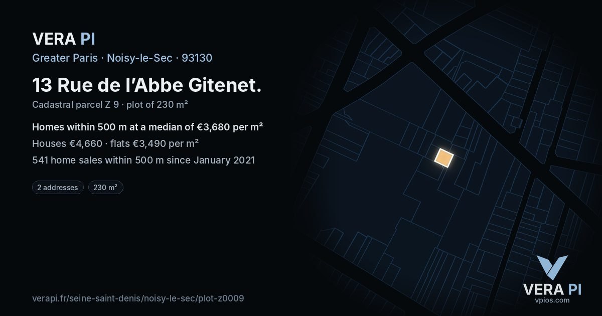 13 Rue de l’Abbe Gitenet, Noisy-le-Sec at night – the plot lit, the parcels around coloured by the prices near them