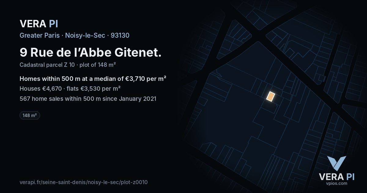 9 Rue de l’Abbe Gitenet, Noisy-le-Sec at night – the plot lit, the parcels around coloured by the prices near them
