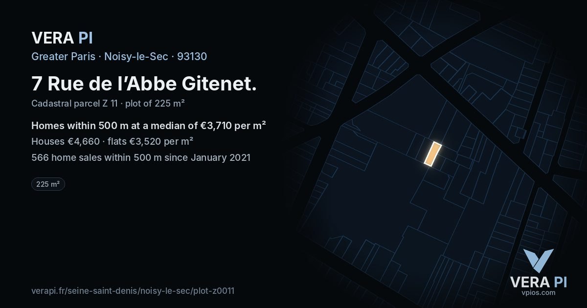 7 Rue de l’Abbe Gitenet, Noisy-le-Sec at night – the plot lit, the parcels around coloured by the prices near them