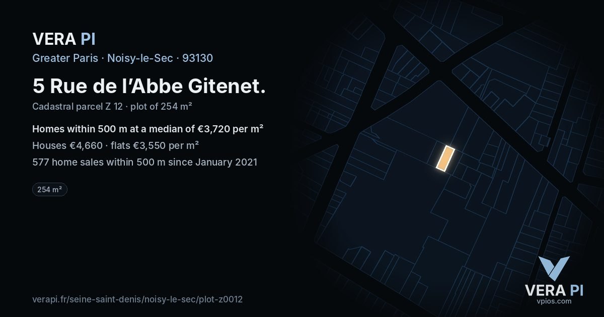 5 Rue de l’Abbe Gitenet, Noisy-le-Sec at night – the plot lit, the parcels around coloured by the prices near them
