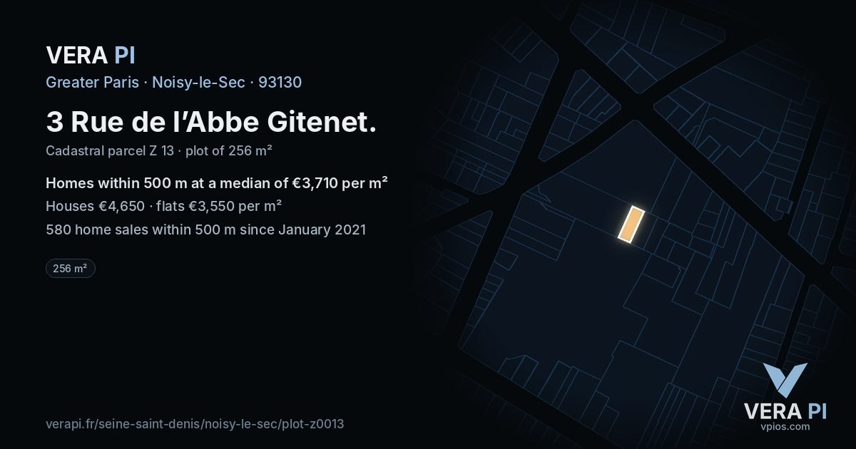 3 Rue de l’Abbe Gitenet, Noisy-le-Sec at night – the plot lit, the parcels around coloured by the prices near them