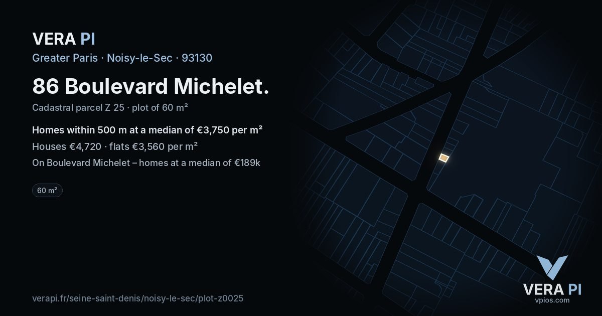 86 Boulevard Michelet, Noisy-le-Sec at night – the plot lit, the parcels around coloured by the prices near them