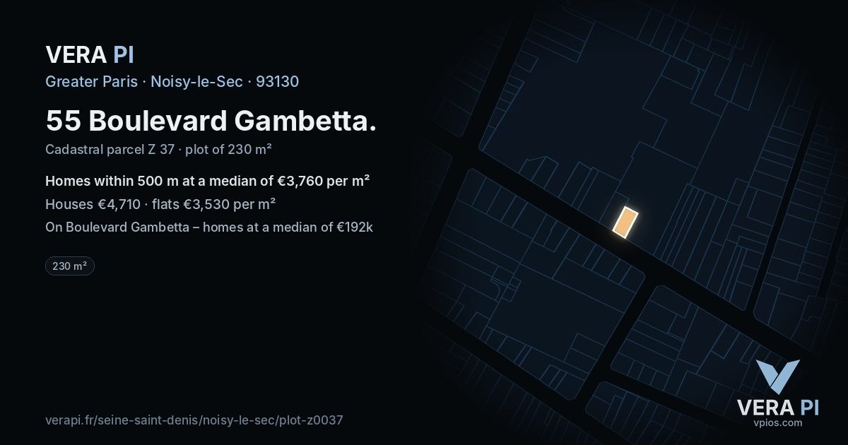 55 Boulevard Gambetta, Noisy-le-Sec at night – the plot lit, the parcels around coloured by the prices near them