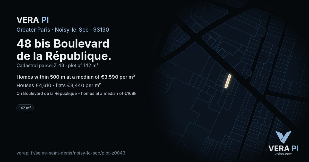 48 bis Boulevard de la République, Noisy-le-Sec at night – the plot lit, the parcels around coloured by the prices near them